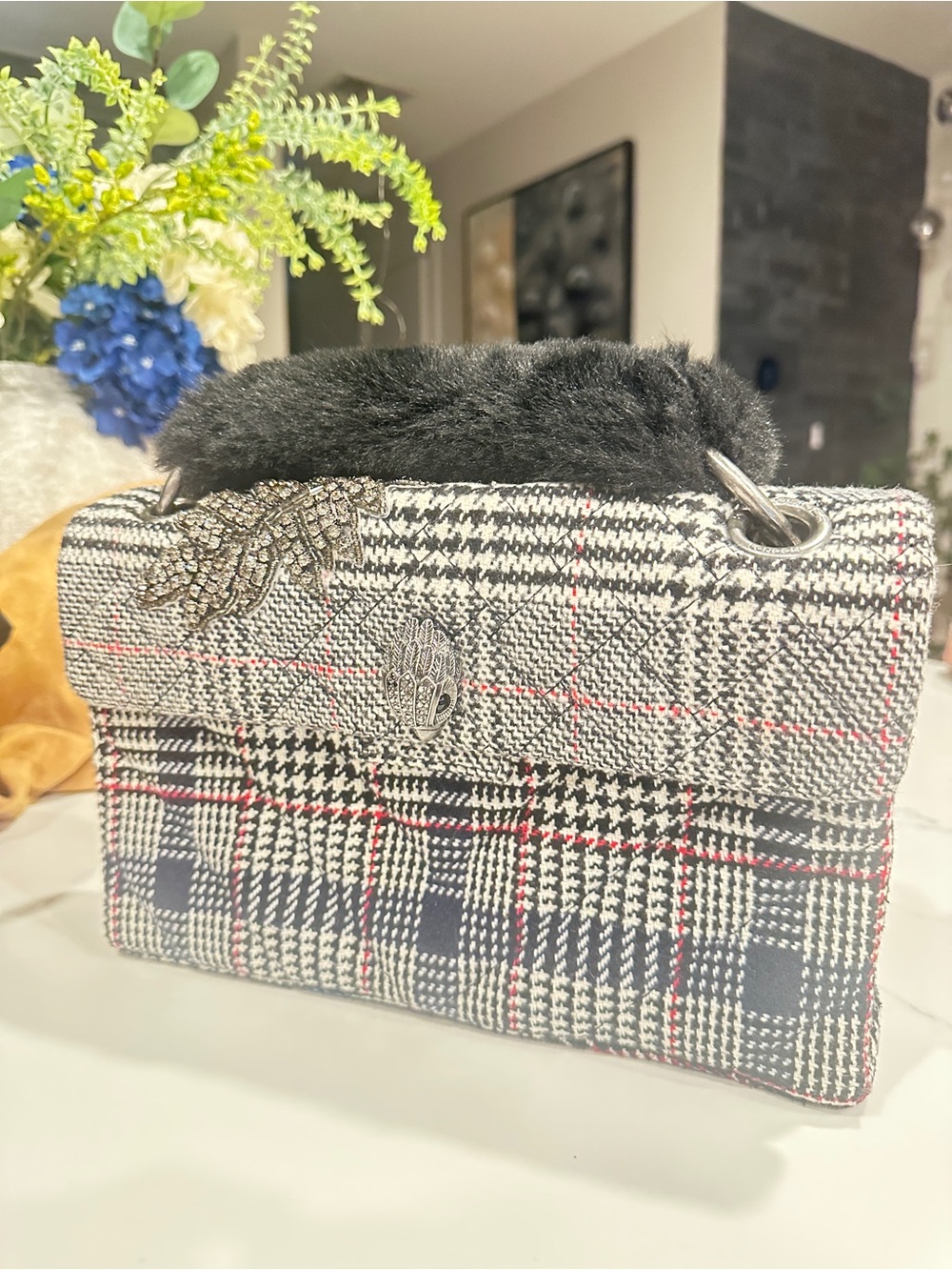Kurt Geiger Plaid Chain-Handle Shoulder Bag with Black Faux Fur Trim